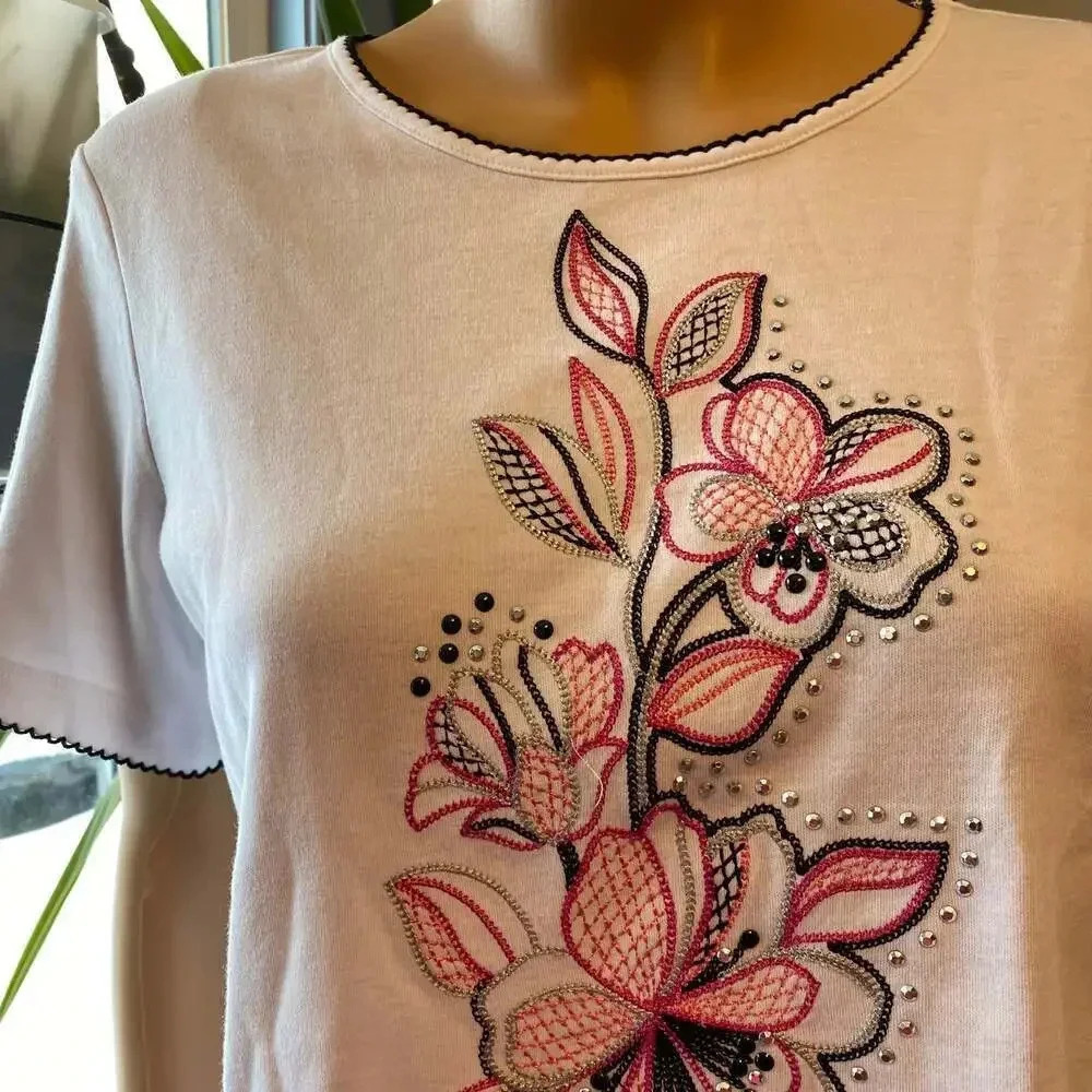 Alfred Dunner Floral Embroidery White Casual Summer Shirt Top Women Size PS - Picture 5 of 6